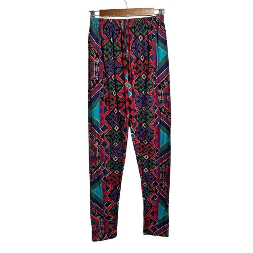 VTG 90s Western Aztec Print Pants Leggings Womens M Red Pull On USA Made